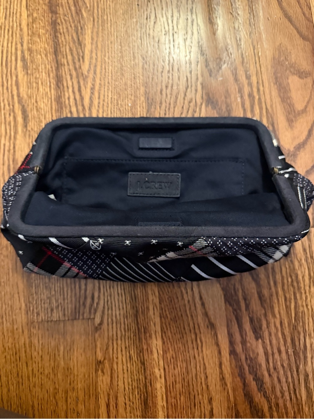 J. Crew Black Patterned Frame Cosmetic Pouch with White and Red Accents